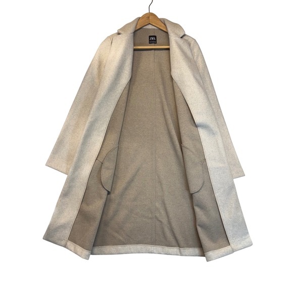 ZARA‎ Long Cream Beige Lapel Collar Coat Classic Staple Neutral Soft Medium - Picture 6 of 12